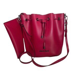 Armani Jeans bright red leather bucket bag w/ matching zip pouch EUC